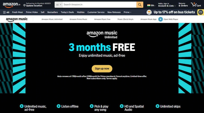 amazon music 3 months free in india