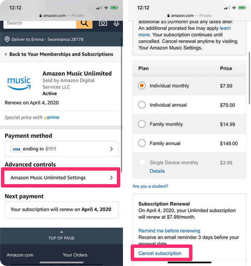 cancel amazon music subscription on iphone