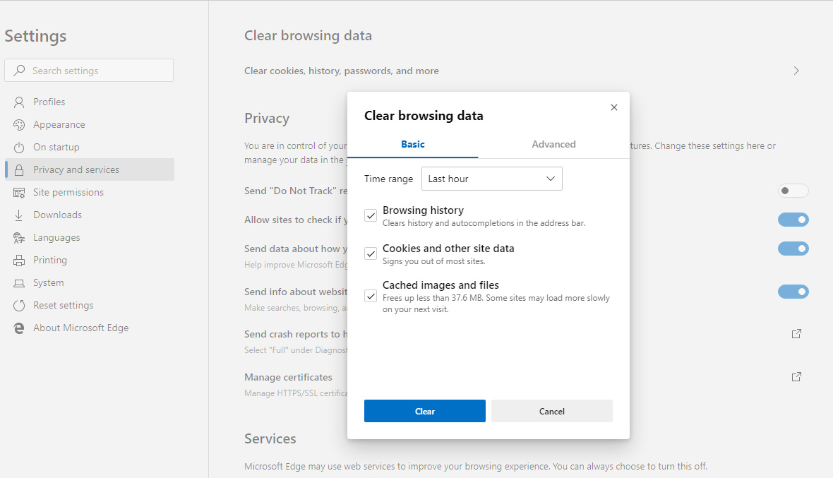 clear edge browsing data