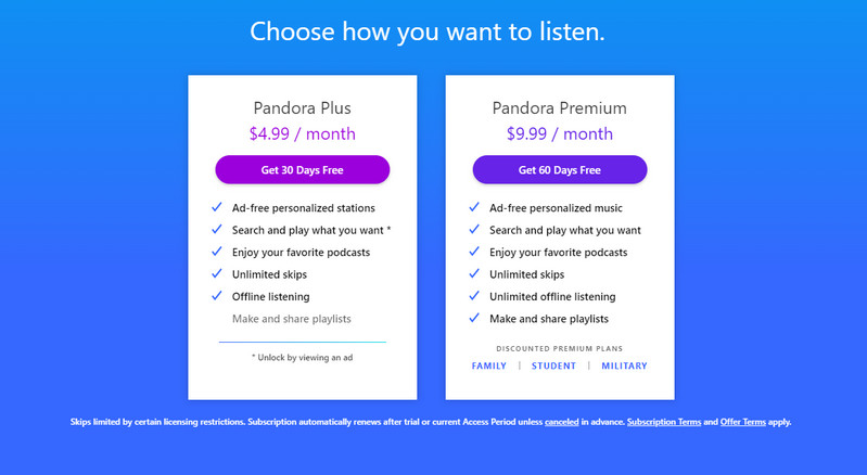 pandora pricing