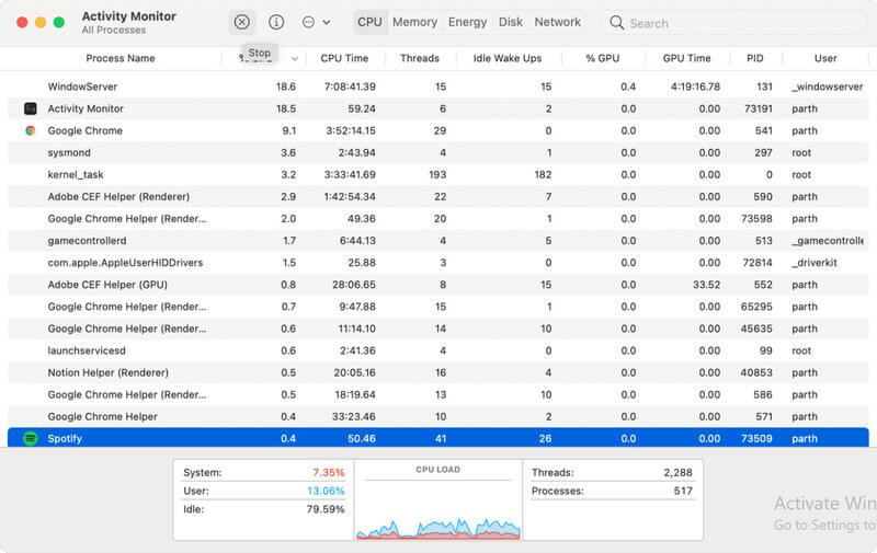 close spotify on acitivty monitor