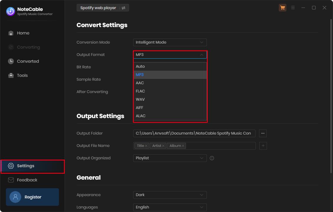 choose mp3 output format