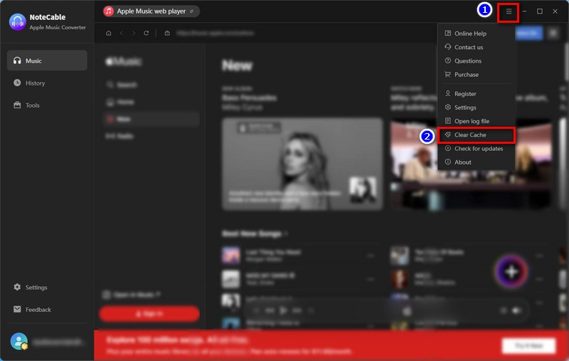 NoteCable Apple Music Converter Clears Cache